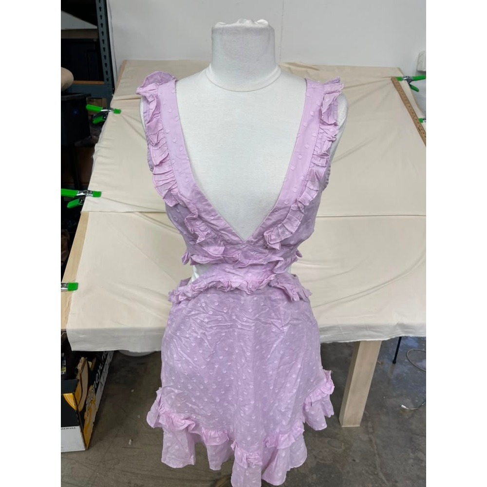 Cellecci Lavender Clip Dot Ruffle Cut Out Lace Up Back Mini Dress Large NWT